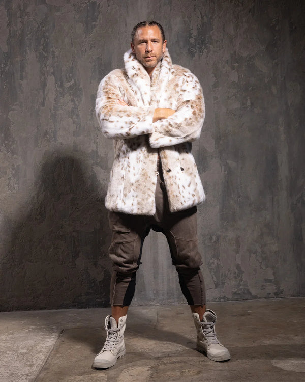 Men's Faux Fur Coat | Siberian Snow Leopard Print - SpiritHoods