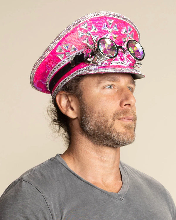 Nu Shuz Fuchsia Sequin Black Jeweled Fringe Statement Captain Festival Hat Nu Shuz Festival Vibrant Pink Sequin Spike Embellished  main image 4