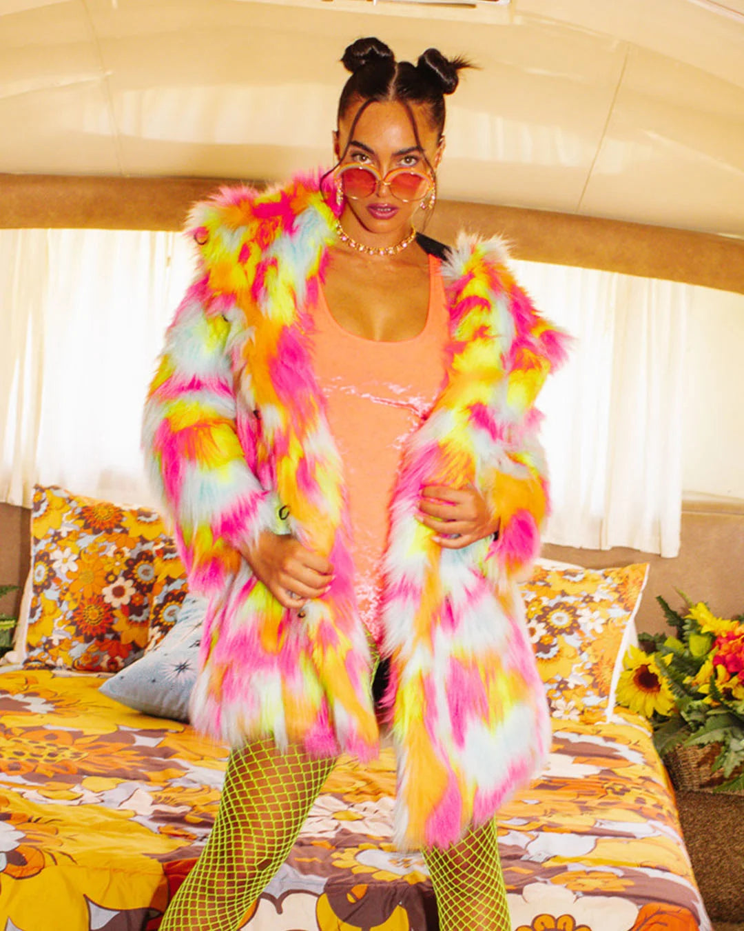 Hooded Women's Faux Fur Coat | Neon Calico Kitty