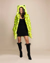 Front view of the Neon Yellow Leopard Luxury coat featuring an oversized hood with ears and a plush leopard print.
