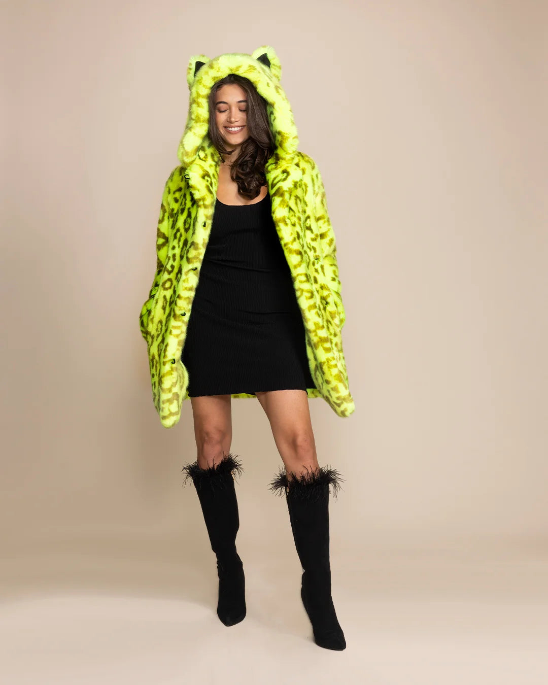 Front view of the Neon Yellow Leopard Luxury coat featuring an oversized hood with ears and a plush leopard print.