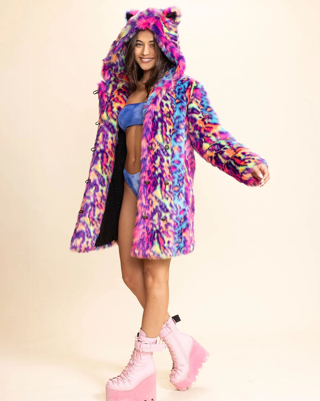 Classic Women's Pink & Blue Faux Fur Coat | Neon Disco Cat