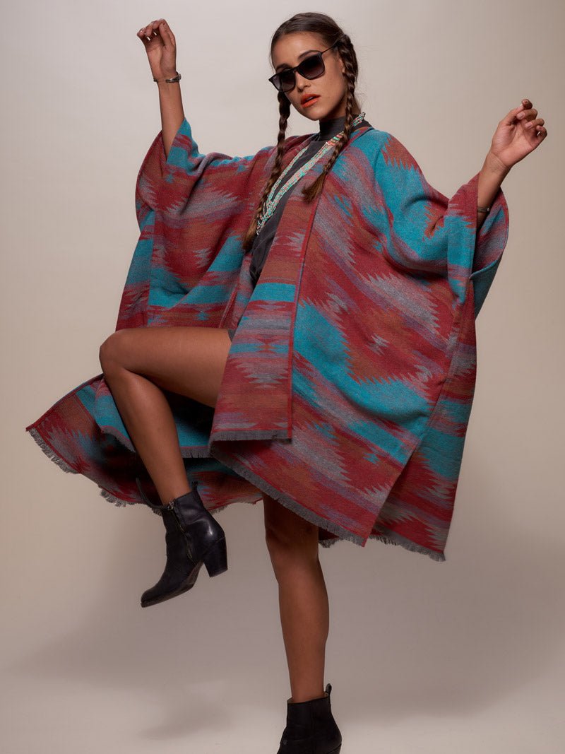 Orange, Pink, and Teal Sunset Fox Poncho on Female
