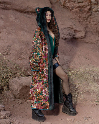 Classic Women's Long Sequin Coat | Oasis Emerald Green