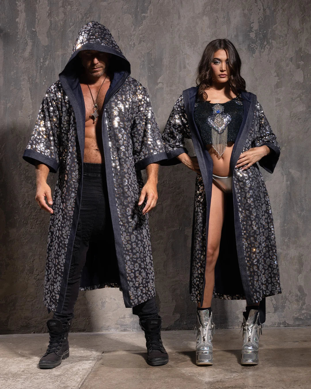 Women's Silver Sequin Kimono | Blue Denim Leopard