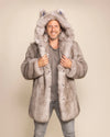 High-end streetwear animal-inspired faux fur coat for men with a relaxed fit and internal stash pockets.