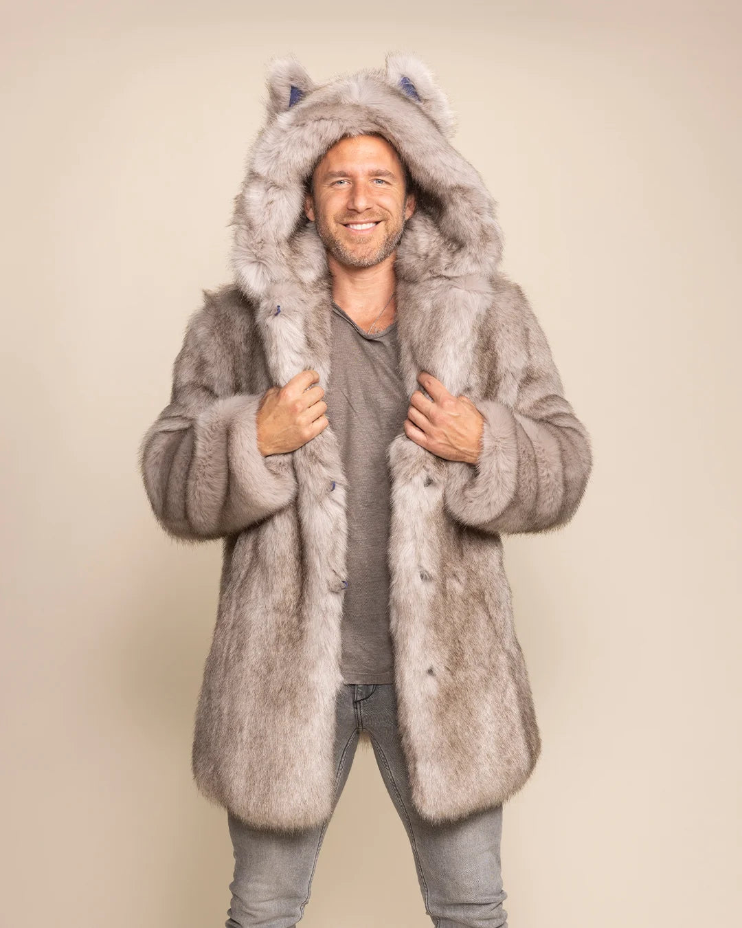 High-end streetwear animal-inspired faux fur coat for men with a relaxed fit and internal stash pockets.