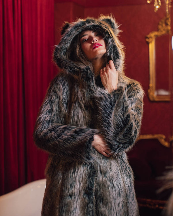 Hooded grey wolf faux fur coat shop
