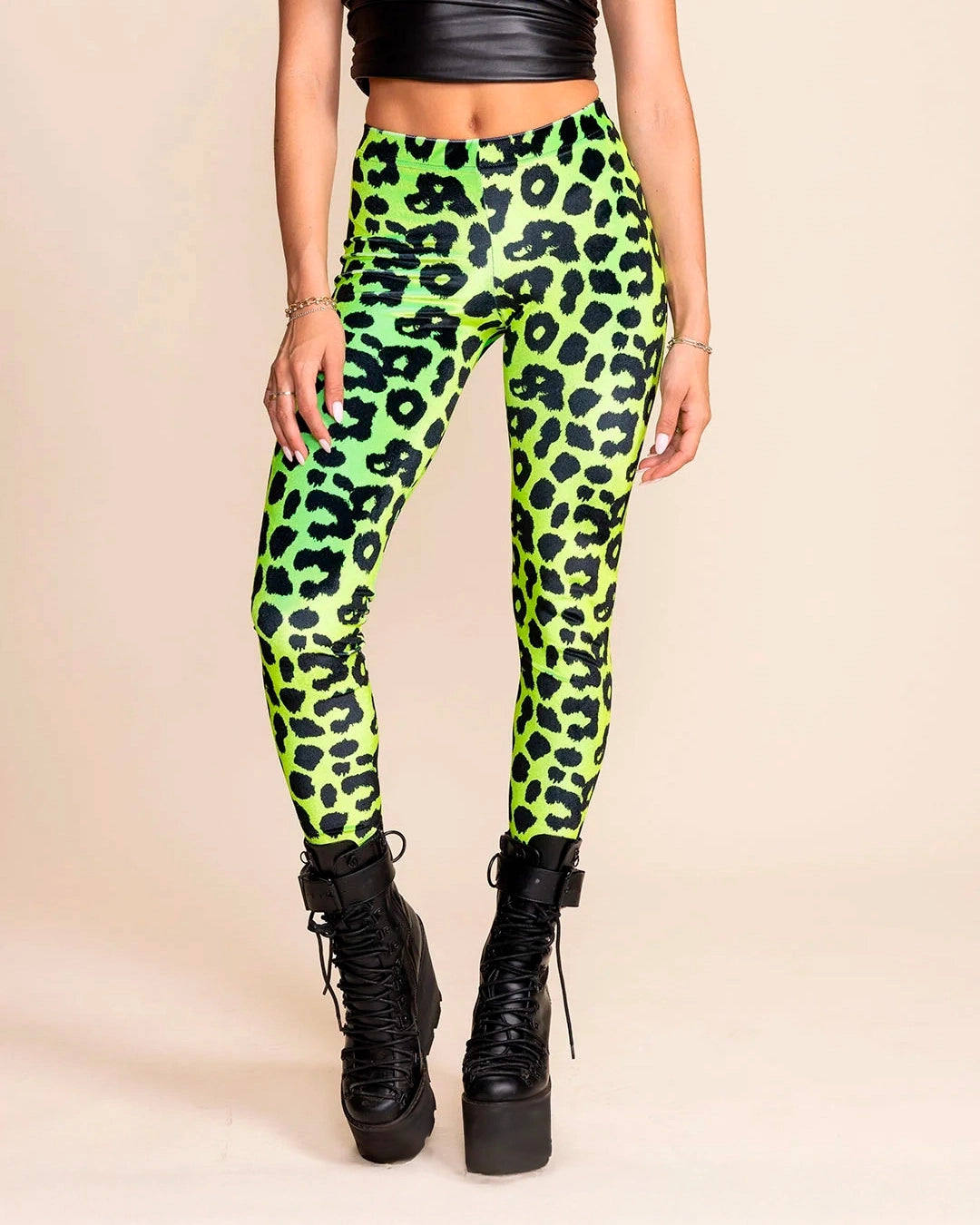 Women's Velvet Leggings | Neon Green Leopard
