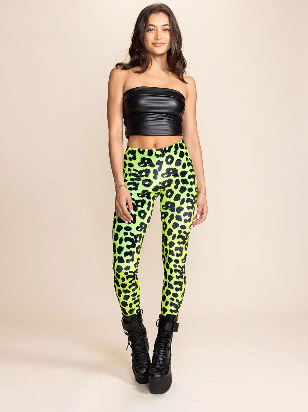 Women's Velvet Leggings | Neon Green Leopard