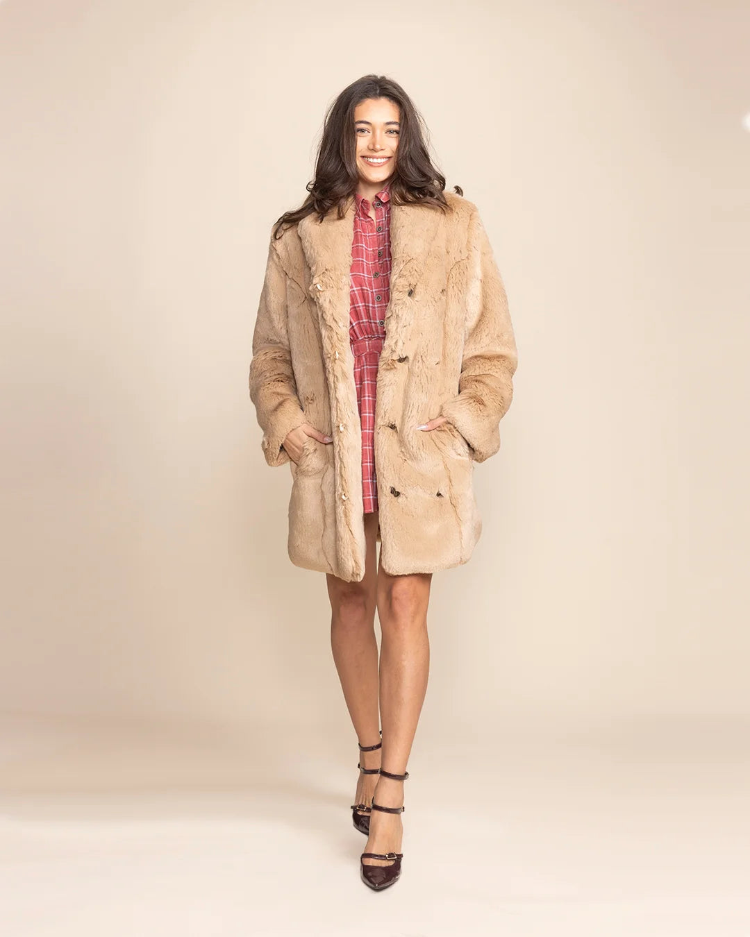 Luxury tan faux fur jacket for women with large shawl collar, perfect for date nights and high-fashion layering