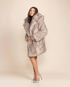 Eco-friendly Oeko-Tex certified faux fur jacket in a light grey wolf pattern with peacoat buttons.