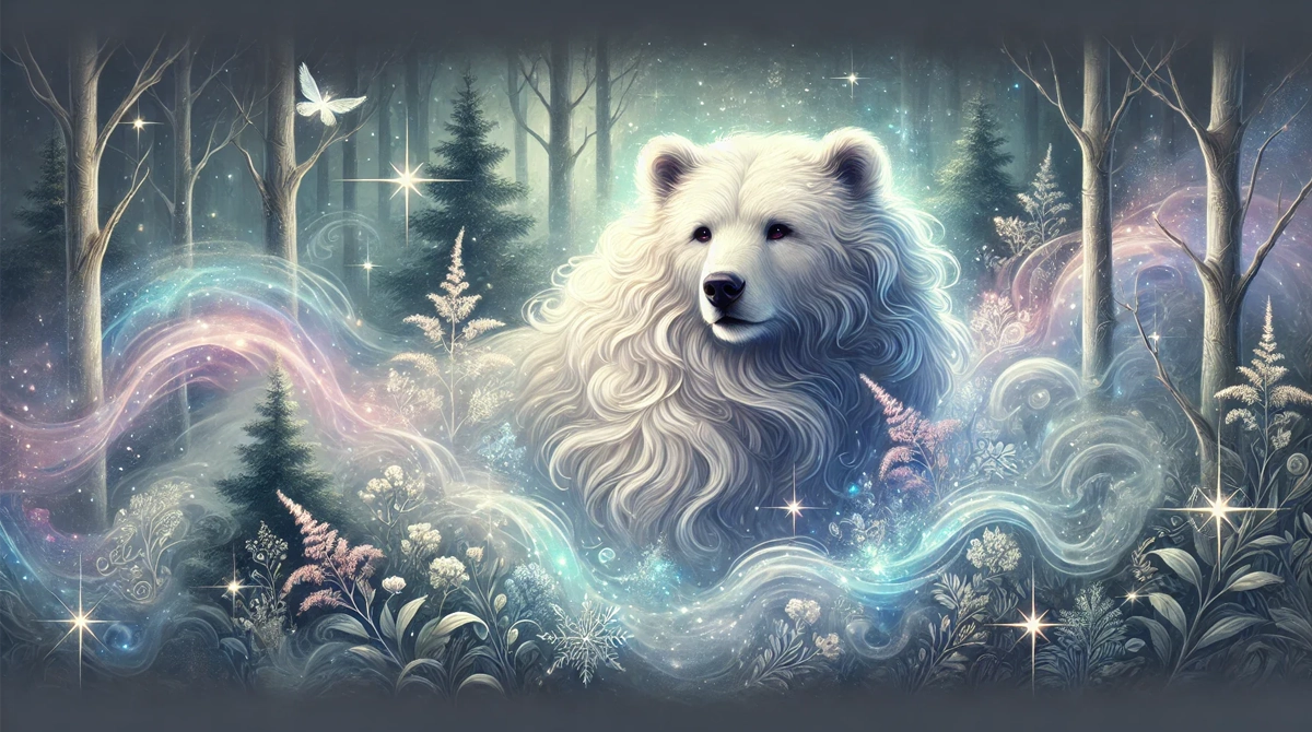 White bear in a mystical forest with glowing elements
