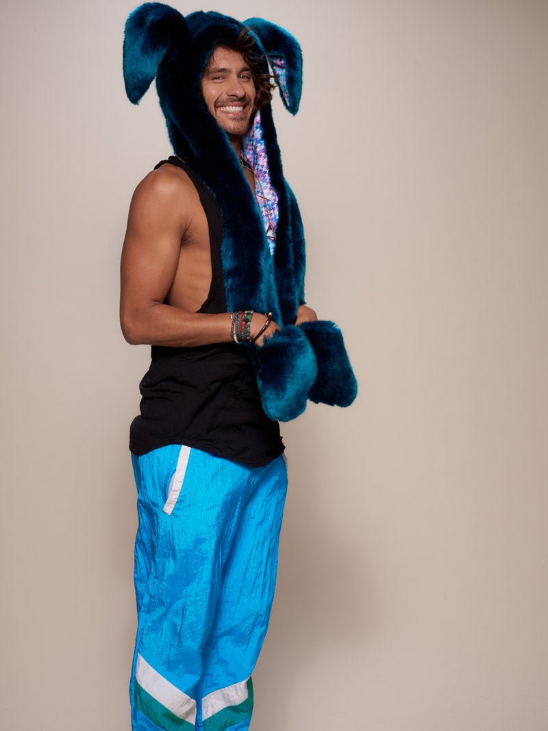 Man wearing faux fur Royal Rabbit Luxe Collector Edition SpiritHood, side view