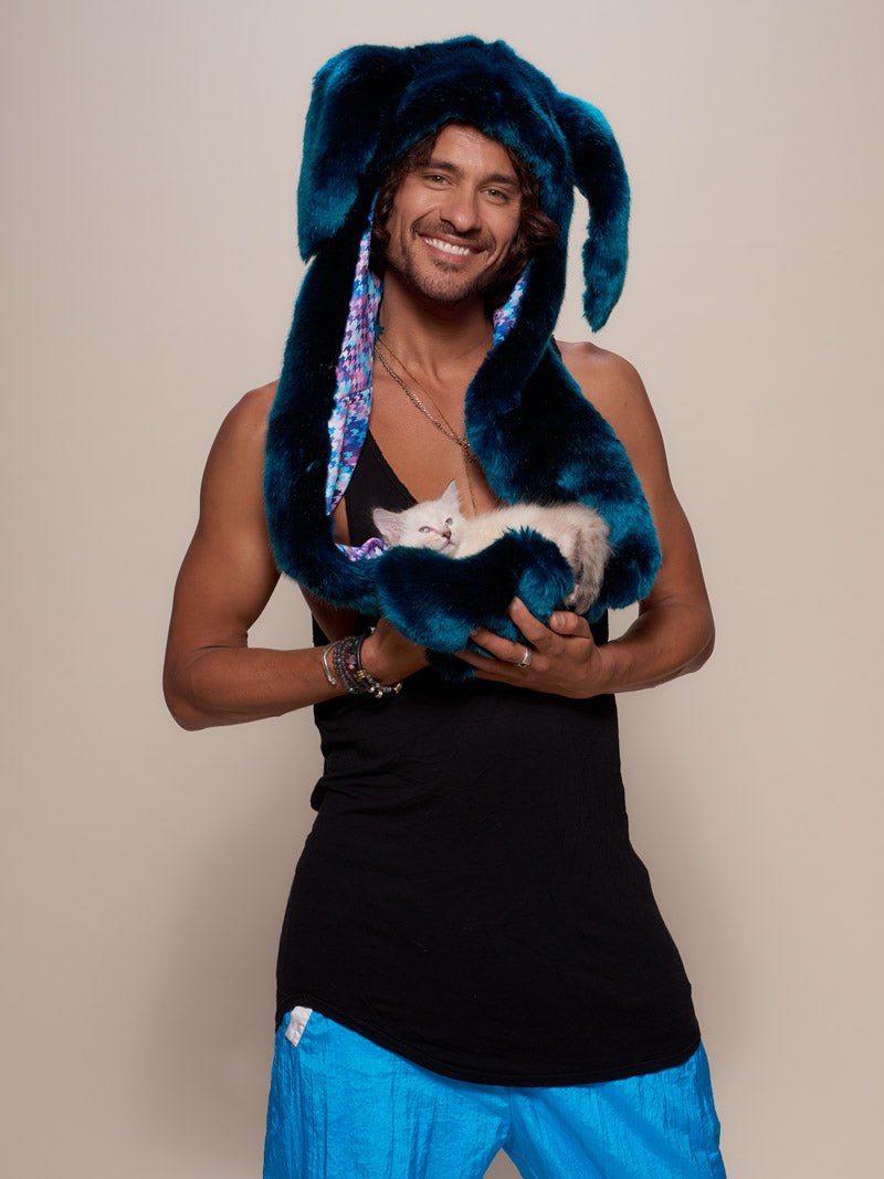 Man wearing faux fur Royal Rabbit Luxe Collector Edition SpiritHood