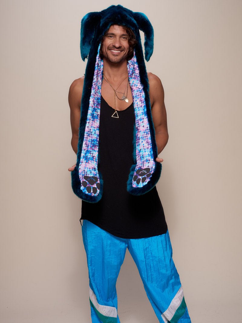 Man wearing faux fur Royal Rabbit Luxe Collector Edition SpiritHood, front view