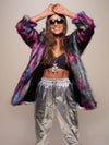 Woman wearing Classic Disco Wolf Faux Fur Coat, front view 