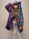 Woman wearing Classic Disco Wolf Faux Fur Coat, front view 1