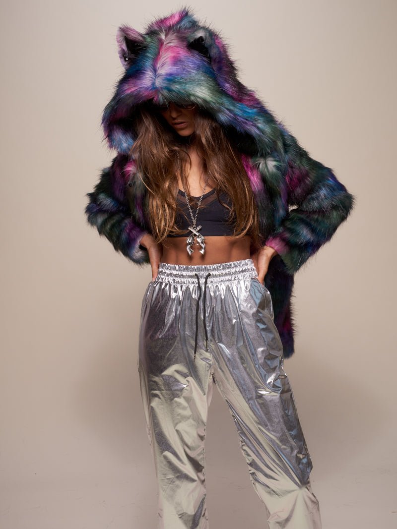Woman wearing Classic Disco Wolf Faux Fur Coat, front view 2