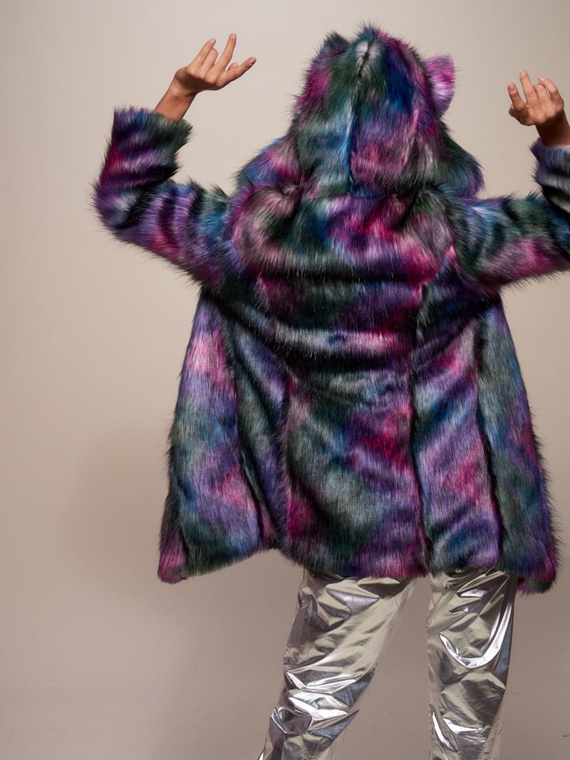 Woman wearing Classic Disco Wolf Faux Fur Coat, back view