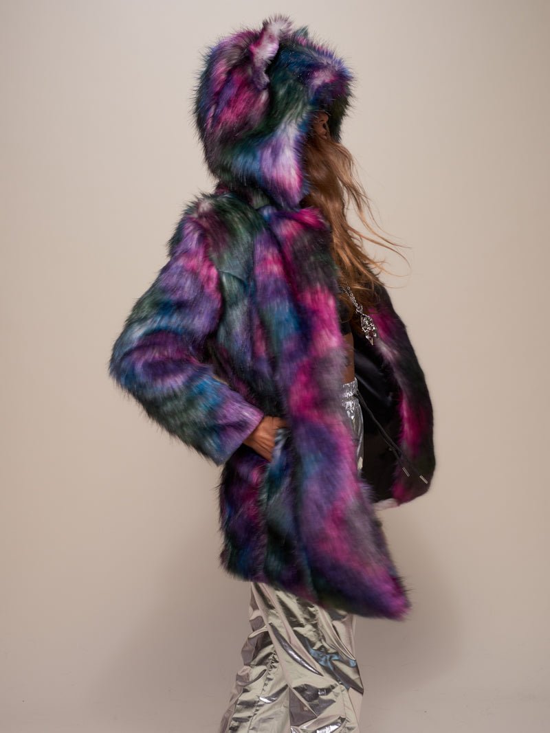Woman wearing Classic Disco Wolf Faux Fur Coat, side view