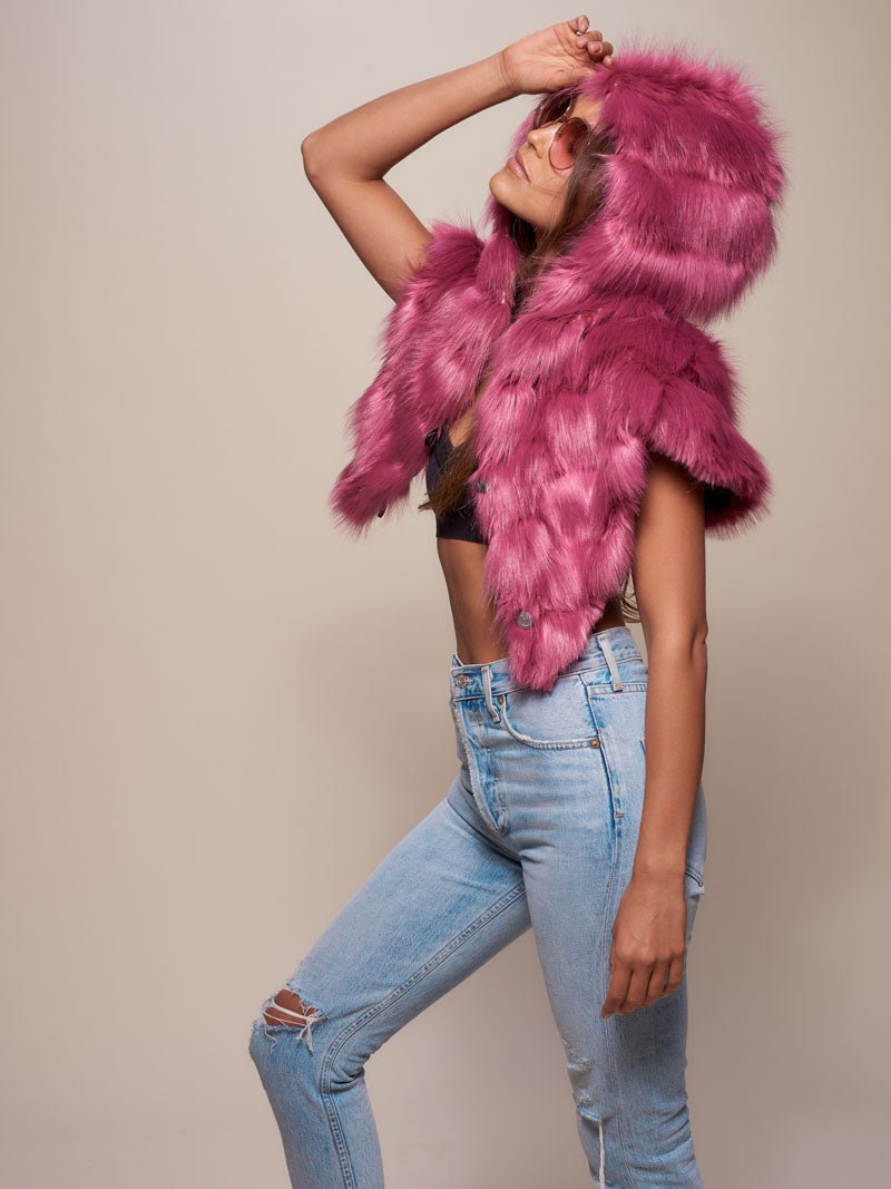 Hooded Limited Edition Rose Finch Faux Fur Shawl on Female Model