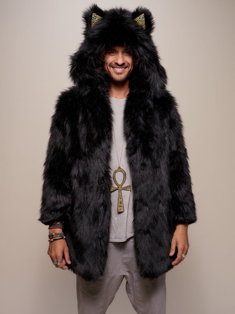 Man wearing Collector Edition Black Wolf Faux Fur Coat, front view 1