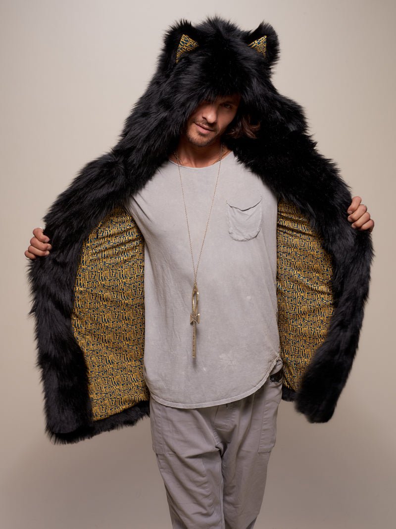 Man wearing Collector Edition Black Wolf Faux Fur Coat, front view 1