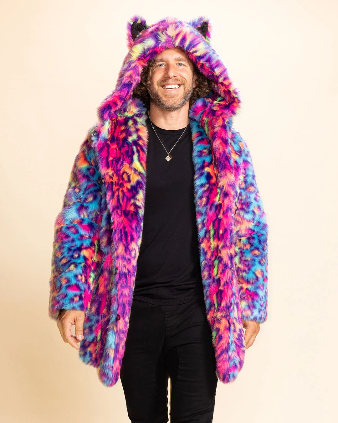 Classic Men's Blue & Pink Faux Fur Coat | Neon Disco Cat