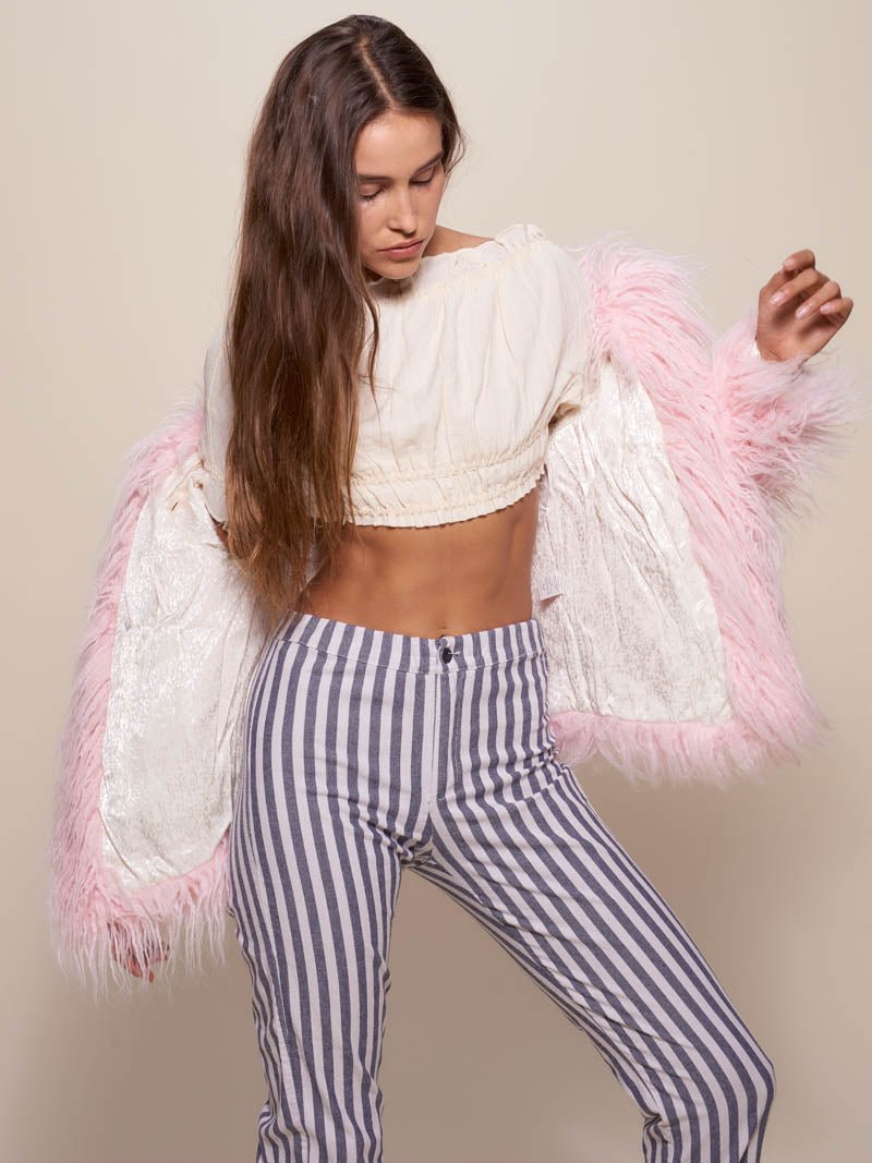 Woman wearing Flamingo Faux Fur Bomber