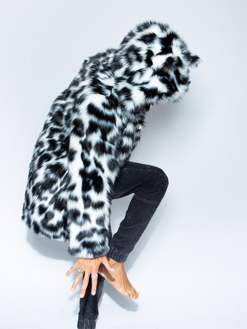 Black and White Classic Spotted Leopard Faux Fur Coat on Male