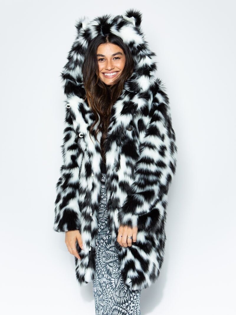 Black and White Classic Spotted Leopard Faux Fur Coat on Female