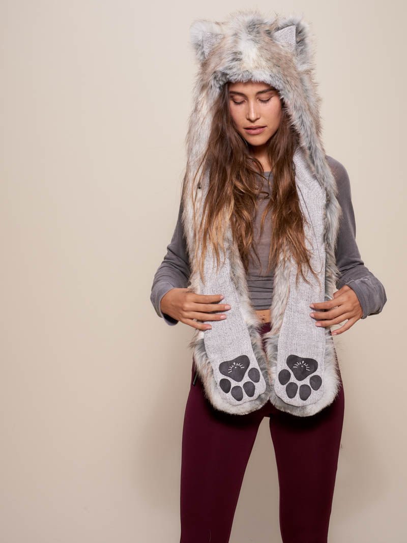 Woman wearing faux fur Collector Edition Timber Wolf SpiritHood, front view 1