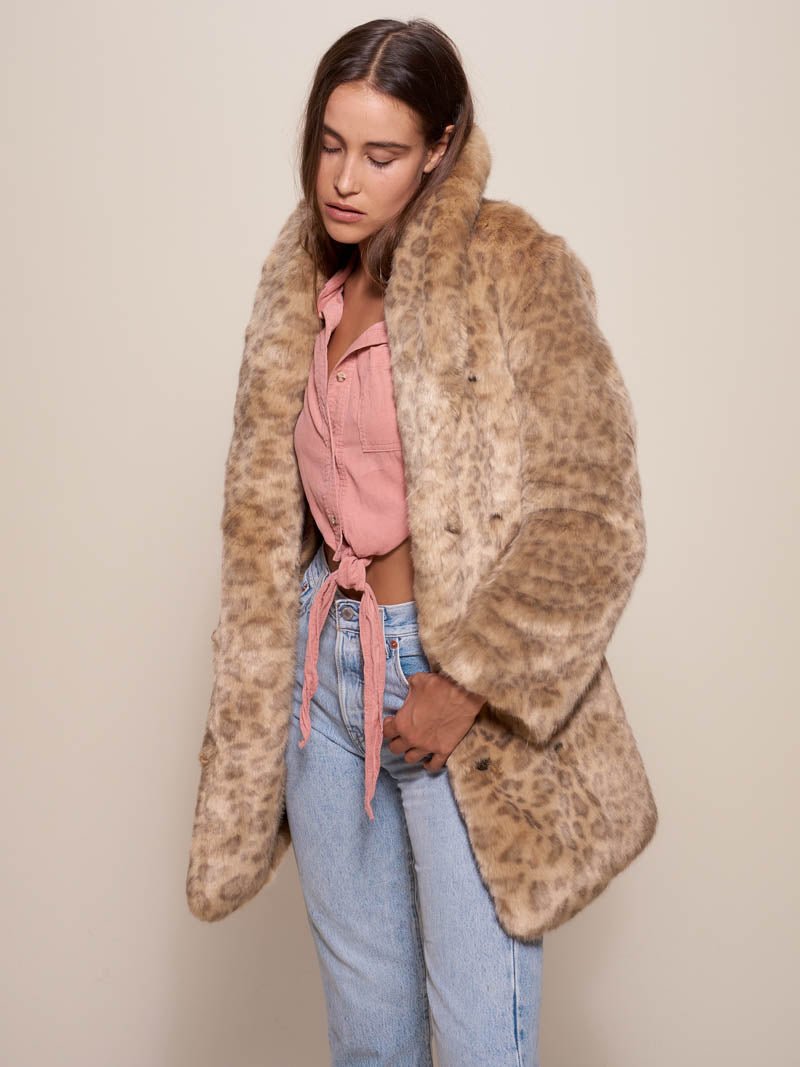 Collared African Golden Cat Faux Fur Coat on Female Model