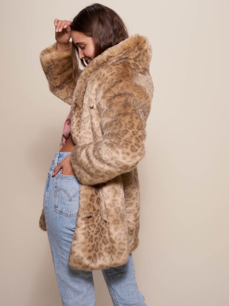 African Golden Cat Collared Faux Fur Coat on Female Model 