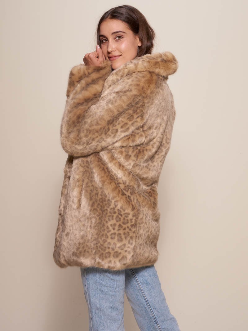 African Golden Cat Luxe Collared Faux Fur Coat on Female