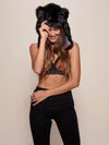 Woman wearing Faux Fur Black Wolf Half Hood SpiritHood, front view