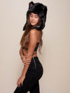 Woman wearing Faux Fur Black Wolf Half Hood SpiritHood, side view 2