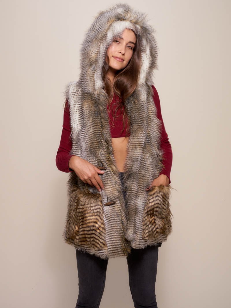 Woman wearing Alaskan Hawk Hooded Faux Fur Vest
