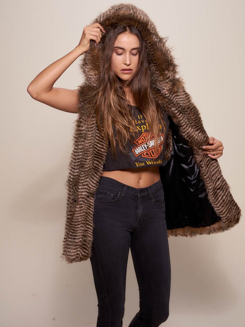 Exterior and Interior View of Nighthawk Hooded Faux Fur Vest 