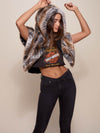 Woman Wearing Red Tail Hawk Faux Fur Shawl 