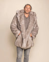 Premium men's Burning Man fur coat featuring grey Arctic Wolf faux fur and 2 outer pockets and secret interior pocket.