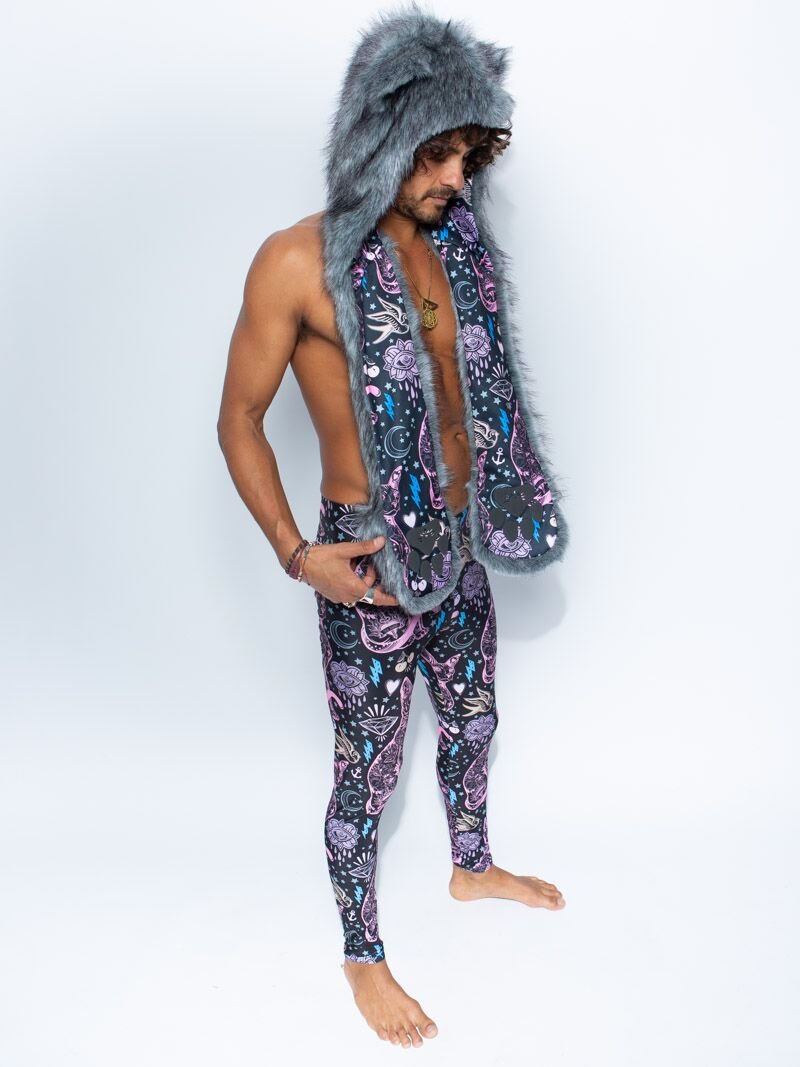 Man wearing Sacred Sailor Kitty Nylon SpiritHood Leggings, side view 1