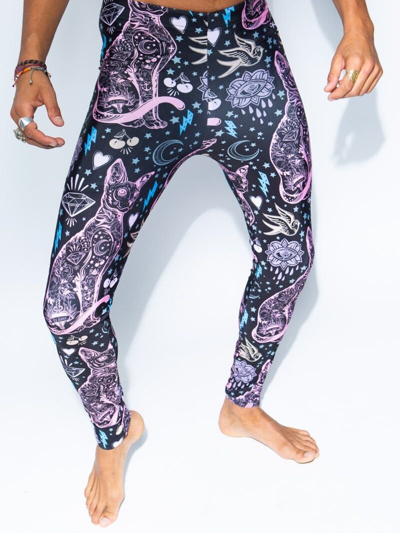 Man wearing Sacred Sailor Kitty Nylon SpiritHood Leggings, front view