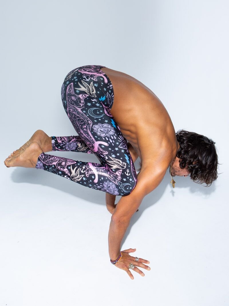 Man wearing Sacred Sailor Kitty Nylon SpiritHood Leggings