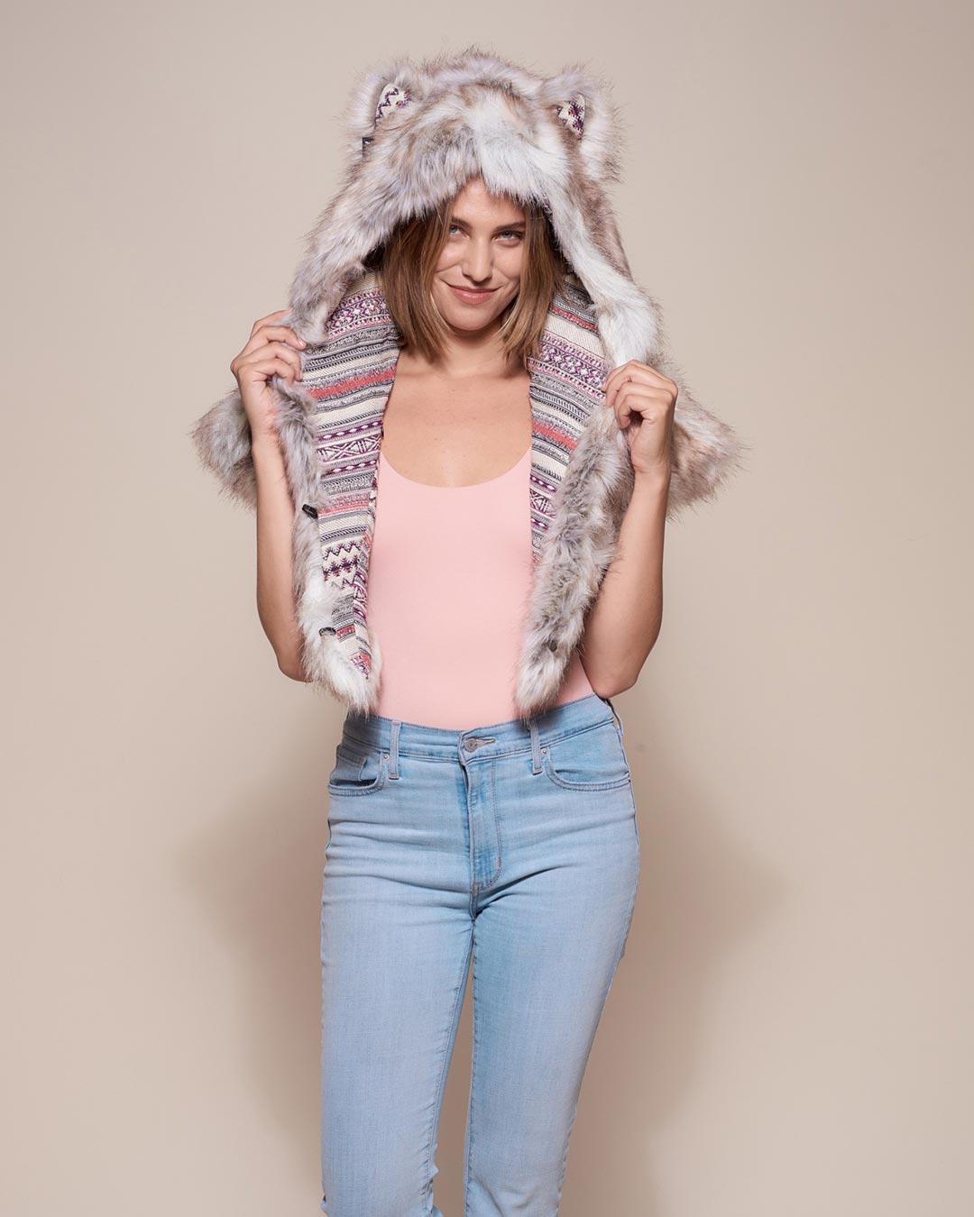 Timber Wolf Collector Faux Fur Shawl with Hood