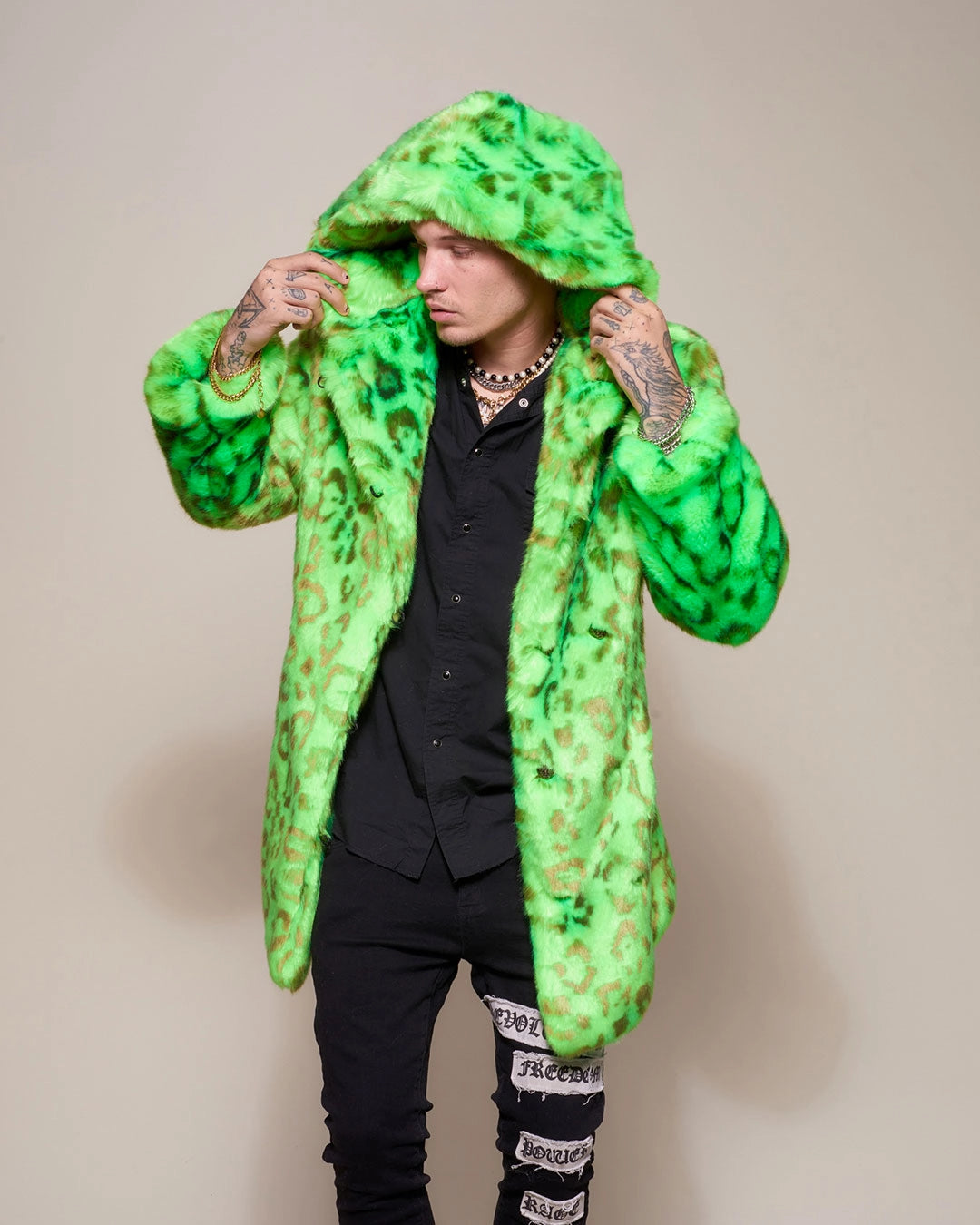 Versatile unisex neon green leopard vegan fur layering piece with an oversized hood and plush animal ears.