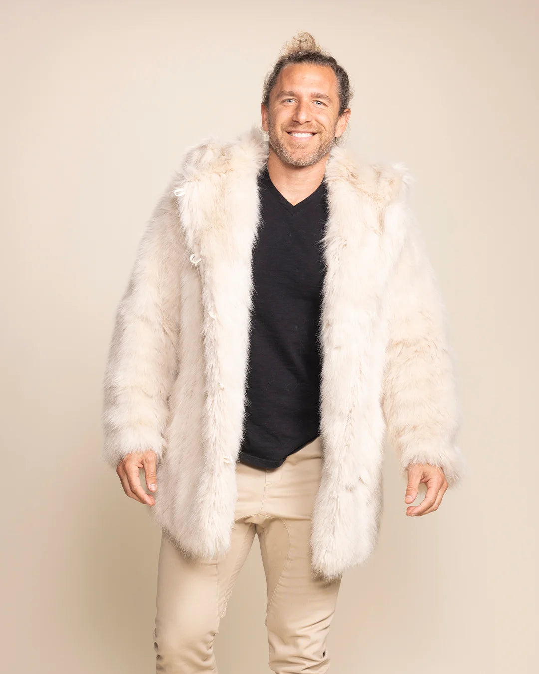 men's Arctic Wolf white faux fur coat featuring an oversized hood with wolf ears and a plush ivory finish