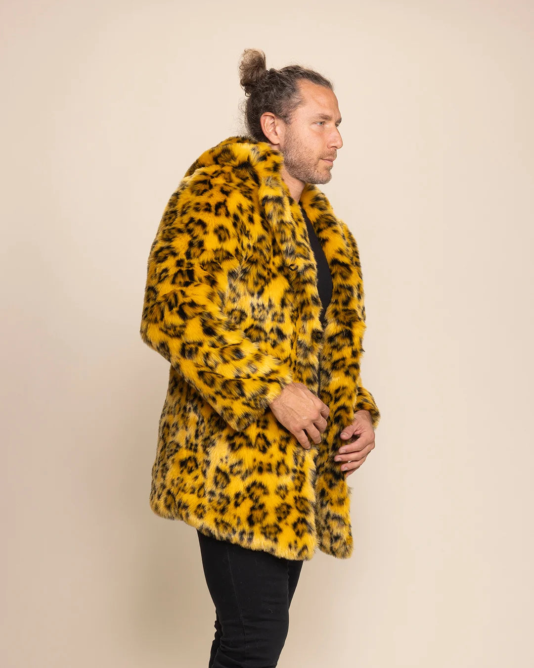 Versatile unisex yellow cheetah vegan fur layering piece featuring 100% fake fur, standout look for festivals and events.