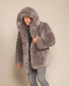 Men's Grey Fox classic Hooded luxe coat by SpiritHoods, showcasing the premium plush grey fur and relaxed fit.